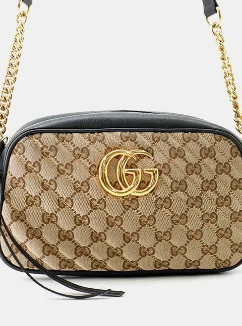 Gucci GG Marmont Small Beige Black GG Canvas Leather Shoulder Bag