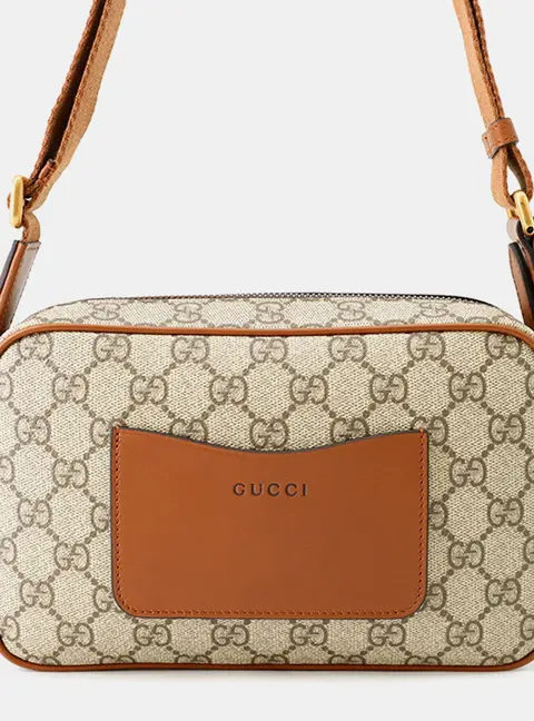 Gucci GG Emblem Small Brown Beige GG Supreme Canvas Leather Crossbody Bag