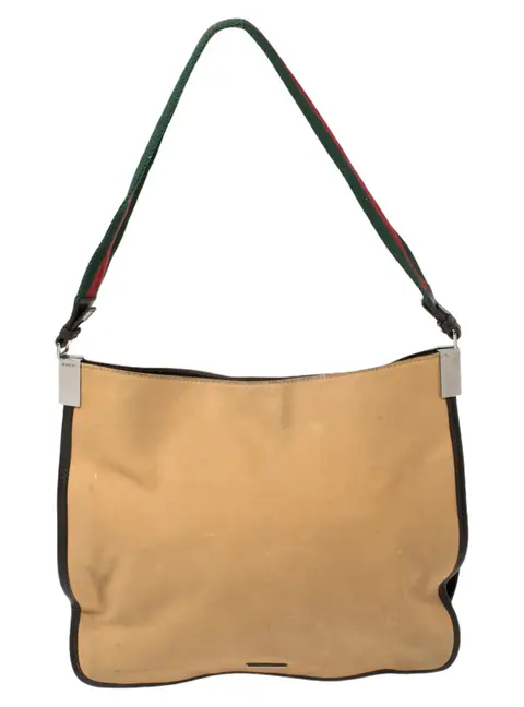 Gucci Khaki Brown Canvas and Leather Trim Web Detail Hobo