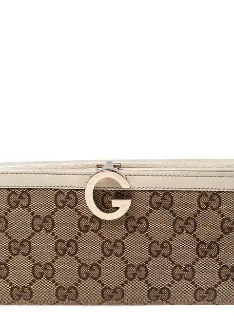 Gucci White/Beige GG Canvas and Leather G Bit Flap Continental Wallet