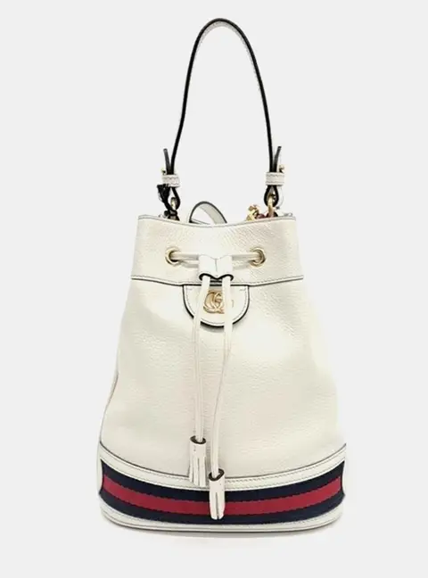 Gucci Ivory/Navy Blue/Red Leather Ophidia Small Bucket Bag