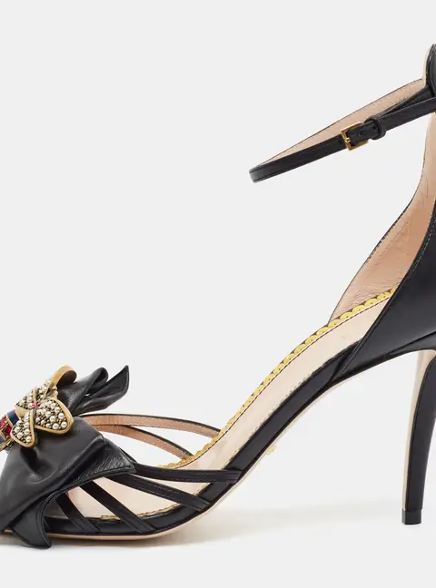 Gucci Charlotte Size 39 Black Leather Crystal Bow Ankle Strap Sandals