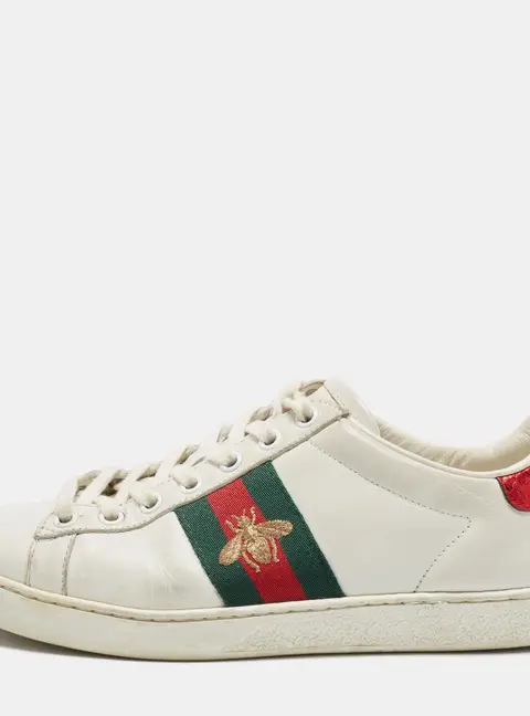 Gucci Ace Size 36.5 White Leather and Python Embossed Web Bee Embroidered Low Top Sneakers