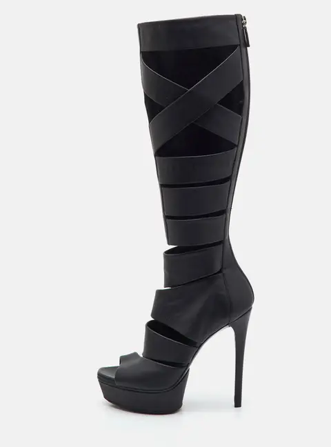 Gucci Helena Size 36.5 Black Cut-Out Leather Gladiator Platform Knee Length Boots