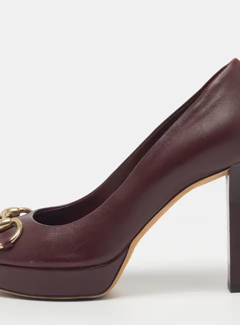 Gucci Horsebit Size 37 Burgundy Leather Block Heel Pumps
