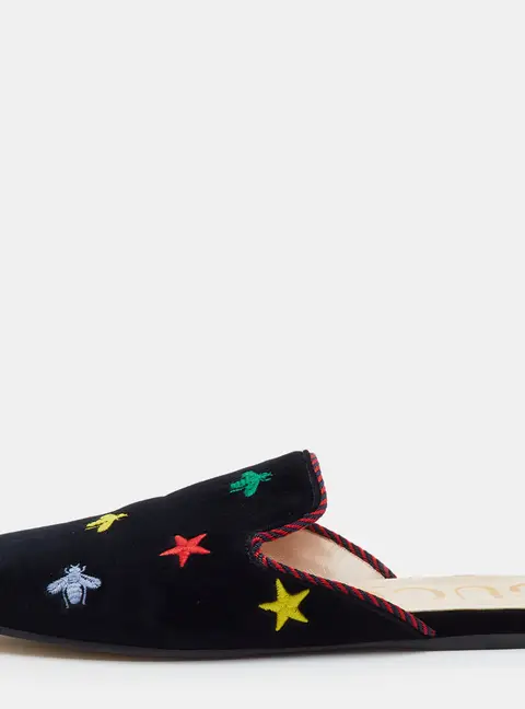 Gucci Princetown Size 38.5 Black Velvet Star and Bee Embroidered Flat Mules