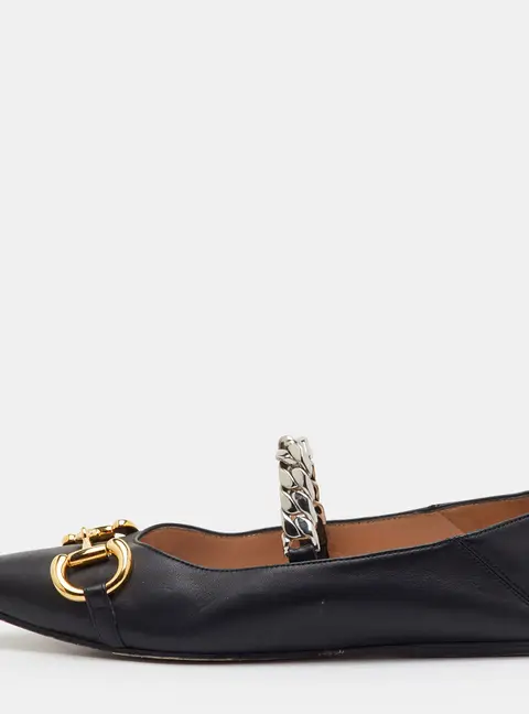 Gucci Deva Size 37.5 Black Leather Horsebit Chain Ballet Flats