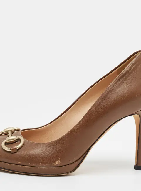 Gucci Horsebit Size 36 Brown Leather Peep Toe Pumps