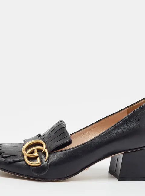 Gucci GG Marmont Size 36.5 Black Leather Fringes Block Heel Pumps