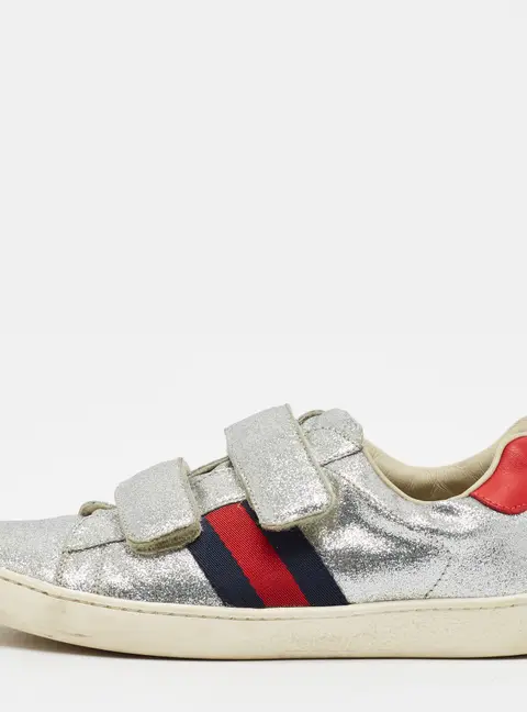 Gucci Teen Ace Trainer Size 34 Silver Glitter Low Top Sneakers