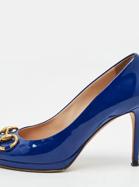 Gucci Horsebit Size 37.5 Blue Patent Leather Peep Toe Pumps