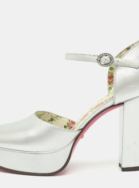 Gucci Agon Size 39 Silver Leather Platform Ankle Strap Pumps