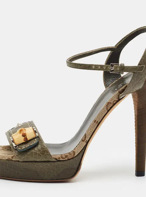 Gucci GG Size 37 Olive Green Leather Ankle Strap Platform Sandals