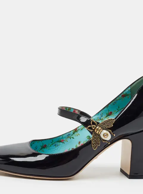 Gucci Lois Bee Size 37.5 Black Patent Leather Mary Jane Pumps