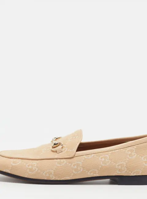 Gucci Jordaan Size 39.5 Beige Canvas and Leather Loafers