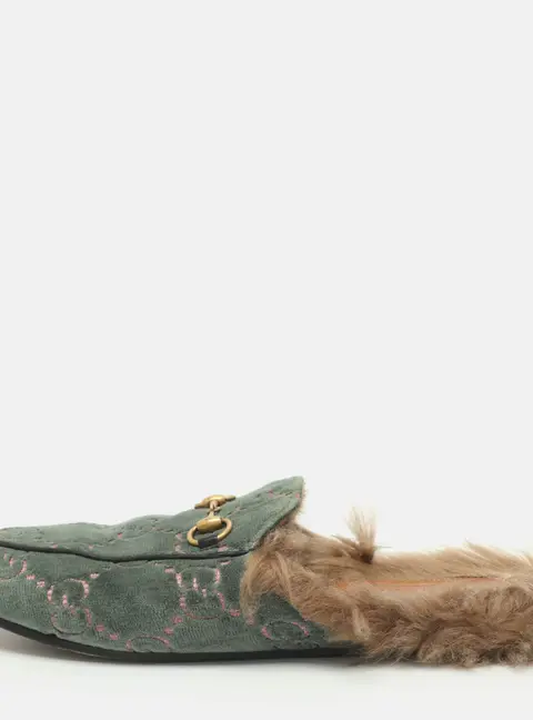Gucci Princetown Size 40 Green GG Velvet and Fur Lined Flat Mule