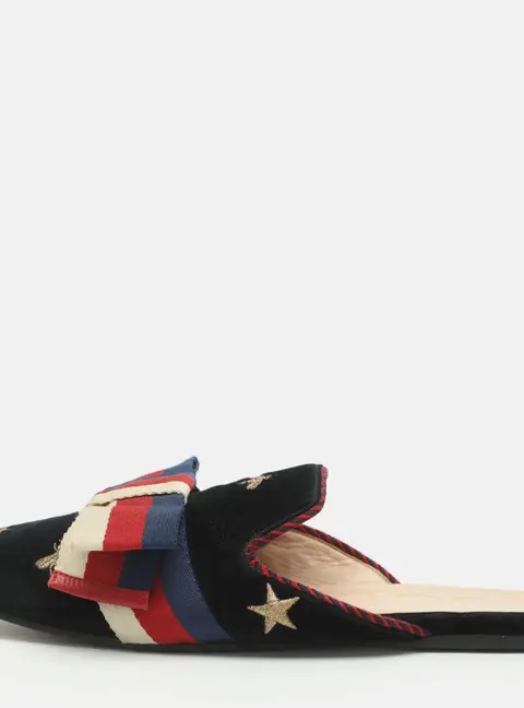Gucci Sylvie Bow Size 39.5 Midnight Blue Bee Embroidered Velvet Mules