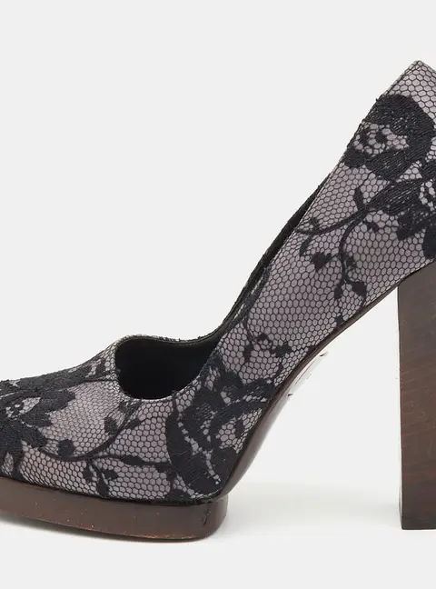 Gucci Black/Grey Floral Lace and Satin Platform Round Toe Pumps Size 37