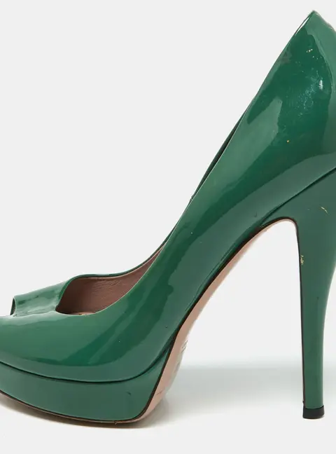 Gucci Green Patent Leather Peep Toe Platform Pumps Size 39