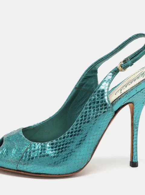 Gucci Sofia Slingback Blue Python Embossed Leather Sandals Size 36
