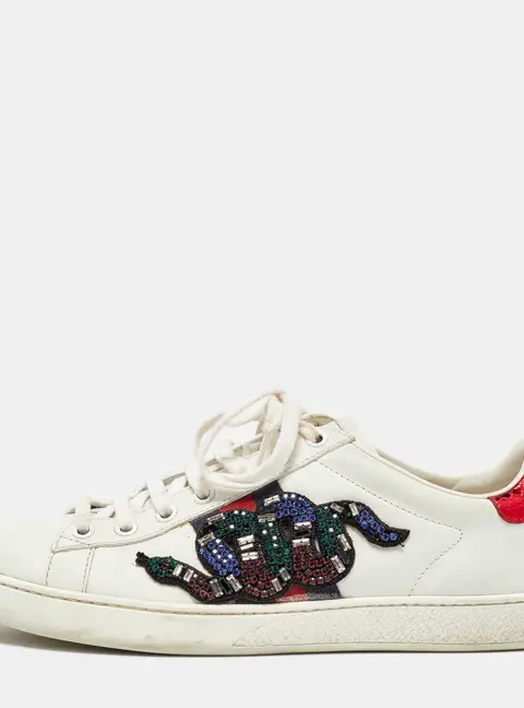 Gucci White Leather Snake Crystal Embellished Ace Low Top Sneakers Size 38.5