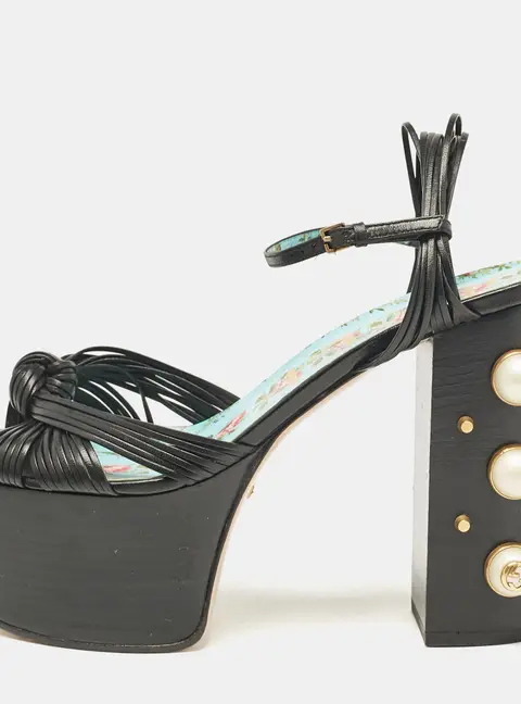 Gucci Black Leather Pearl & Stud Embellished Platform Sandals Size 39