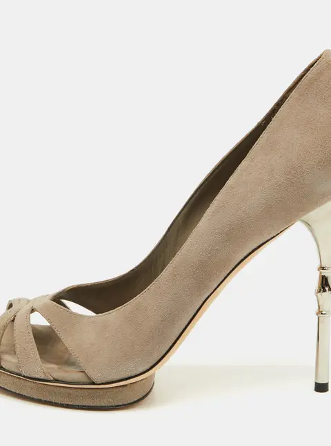 Gucci Grey Suede Bamboo Heel Open Toe Pumps Size 39.5