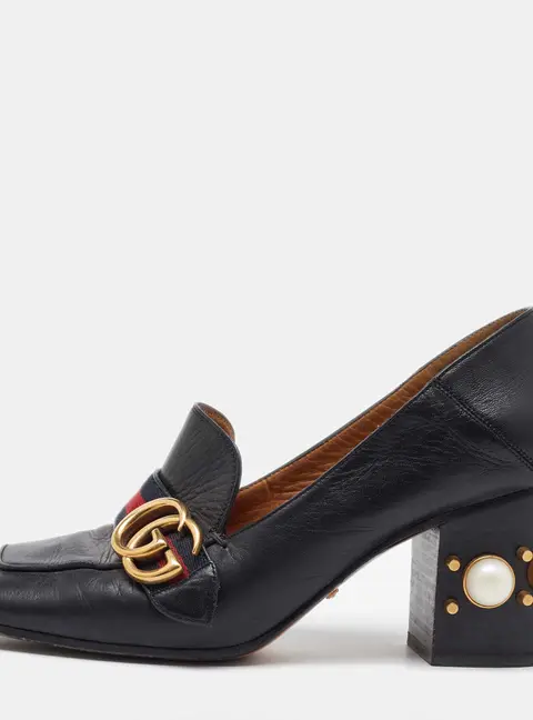 Gucci Black Leather Web GG Marmont Faux Pearl Block Heel Loafer Pumps Size 38