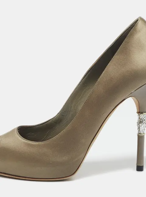 Gucci Grey Satin Horsebit Crystal Embellished Peep Toe Pumps Size 36