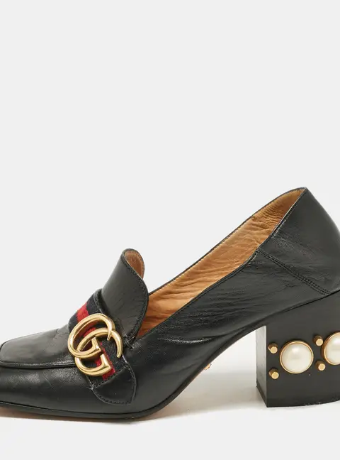 Gucci Black Leather GG Pearl Studded Loafer Pumps Size 37.5