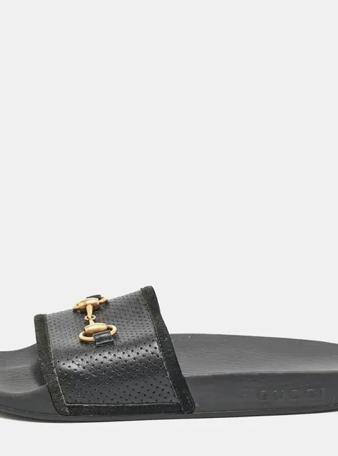 Gucci Black Leather and Suede Horsebit Flat Slides Size 39