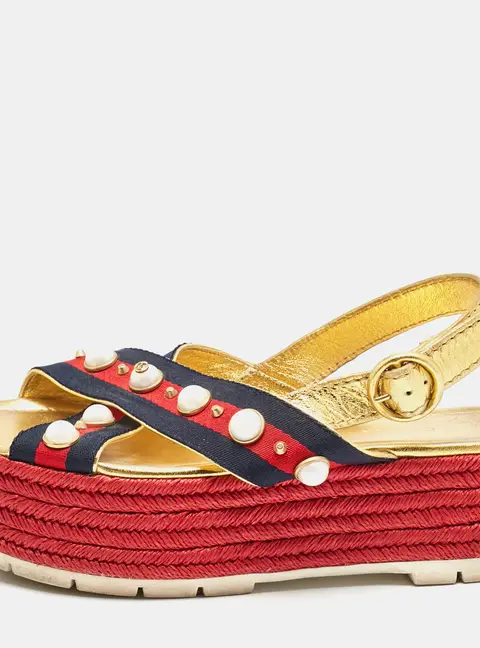 Gucci Multicolor Leather And Canvas Web Studded Platform Sandals Size 39