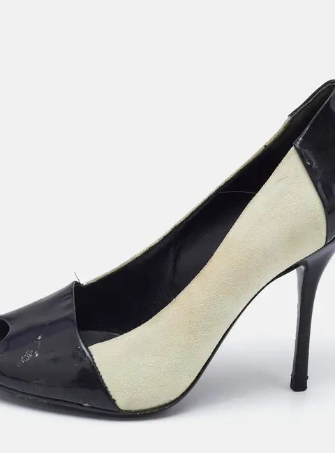 Gucci Black/White Patent Leather And Suede Peep Toe Pumps Size 37