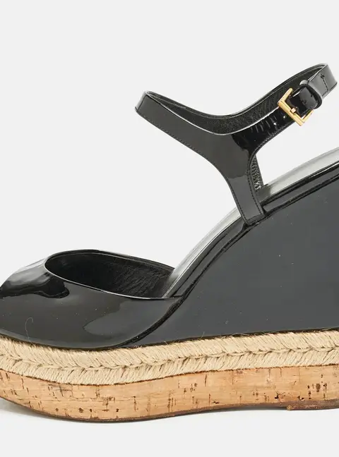 Gucci Black Patent Leather Cork Espadrille Platform Wedge Ankle Strap Sandals Size 39.5