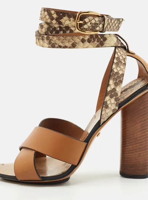 Gucci Brown Python and Leather Crisscross Ankle Strap Sandals Size 38