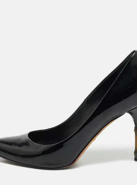 Gucci Black Patent Leather Kristen Bamboo Heel Pumps Size 38
