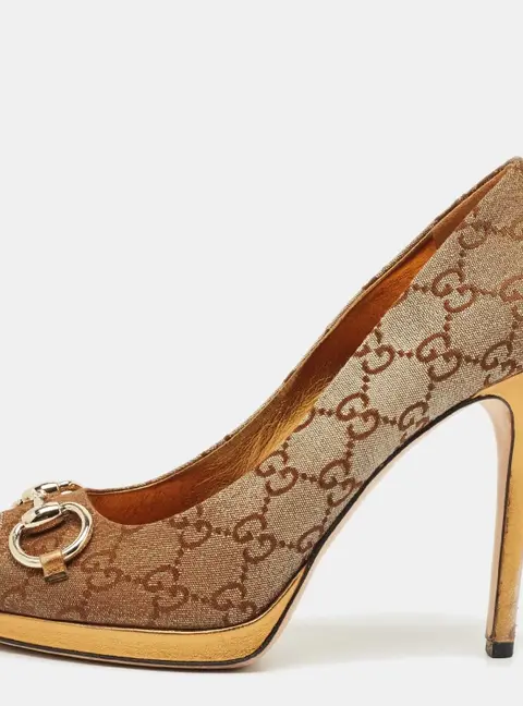 Gucci Bronze GG Fabric Horsebit Peep Toe Platform Pumps Size 37.5