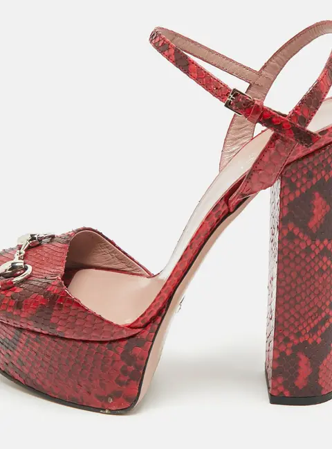 Gucci Red/Burgundy Python Leather Claudie Horsebit Platform Sandals Size 39