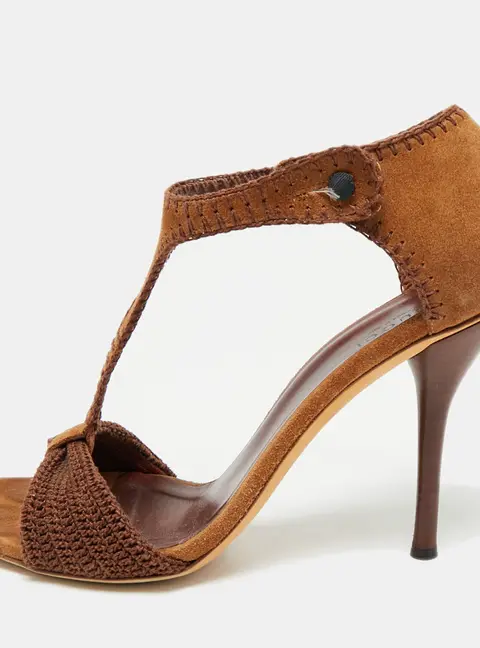 Gucci Dark Brown Suede and Knit Fabric T-Strap Sandals Size 39.5
