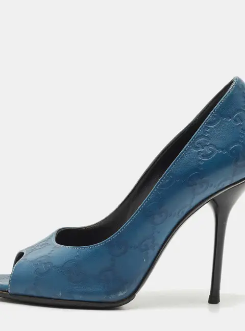 Gucci Blue Guccissima Leather Peep Toe Pumps Size 36