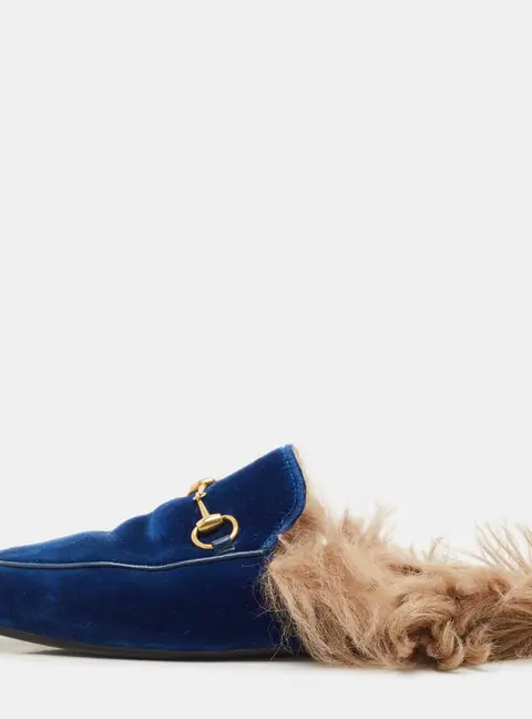 Gucci Blue Velvet and Fur Lined Princetown Flat Mules Size 38