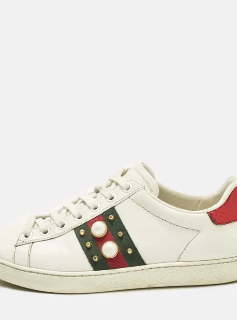 Gucci White Leather Web Detail New Ace Faux Pearl Embellished Low Top Sneakers Size 36
