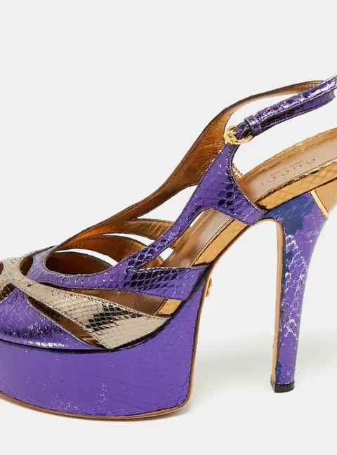 Gucci Blue/Gold Snakeskin Embossed Leather Ankle Strap Sandals Size 39.5