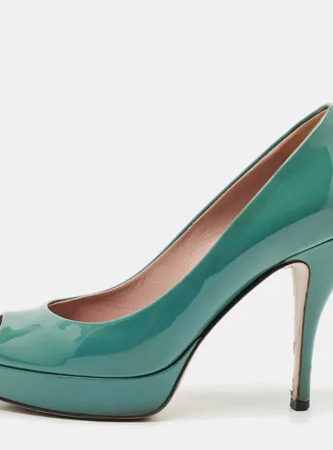 Gucci Blue Patent Leather Platform Peep Toe Pumps Size 36