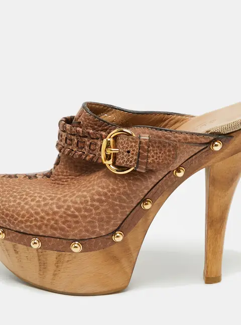 Gucci Brown GG Leather Janis Studded Platform Clogs Size 35.5