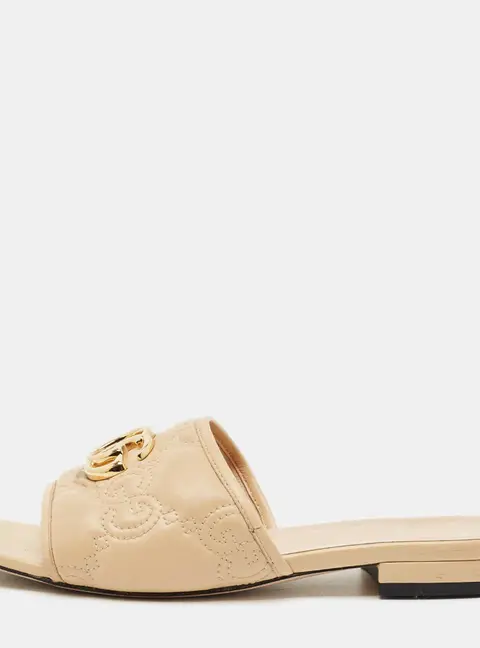 Gucci Beige Leather GG Marmont Flat Slides Size 36