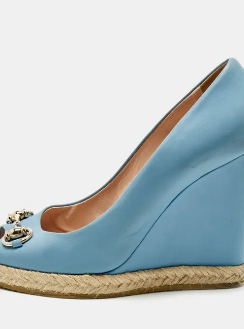 Gucci Sky Blue Leather Horsebit Wedge Pumps Size 38