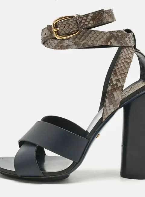 Gucci Navy Blue/Grey Leather and Snakeskin Ankle Strap Sandals Size 38