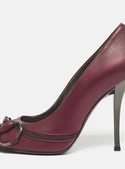 Gucci Plum Leather Flyod Horsebit Detail Peep Toe Pumps Size 36.5
