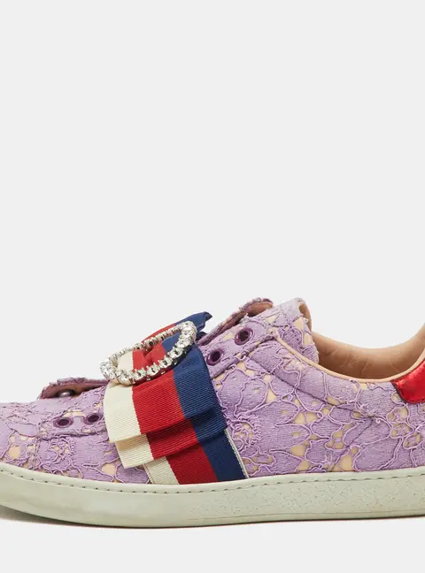 Gucci Purple Lace Crystal Sylvie Web Flower Leaf Ace Slip On Sneakers Size 35.5
